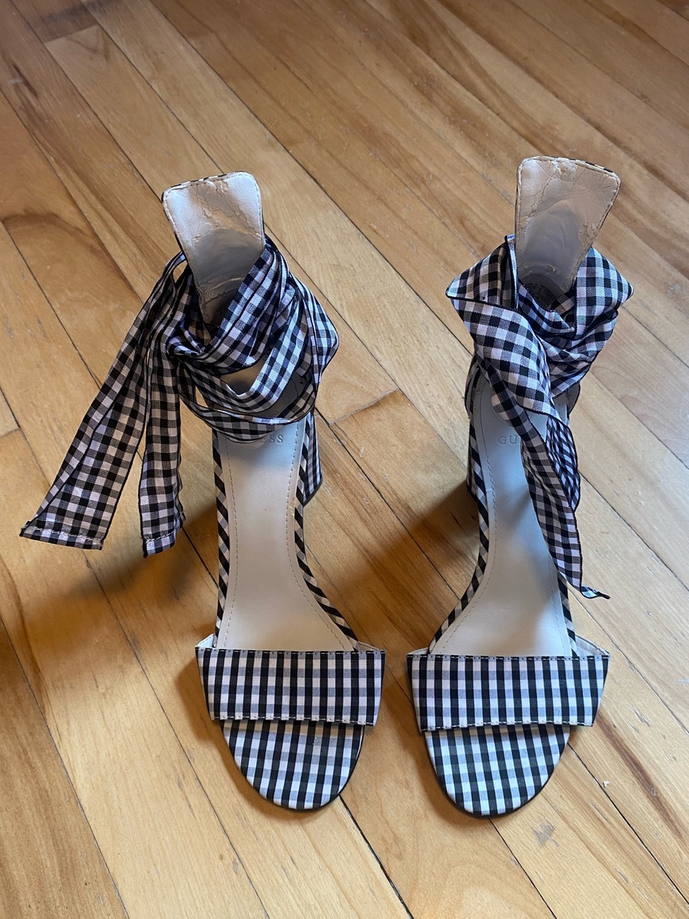 Guess Black & White Gingham Ankle-Tie Open-Toe Heels Size 8 Strap Heels
